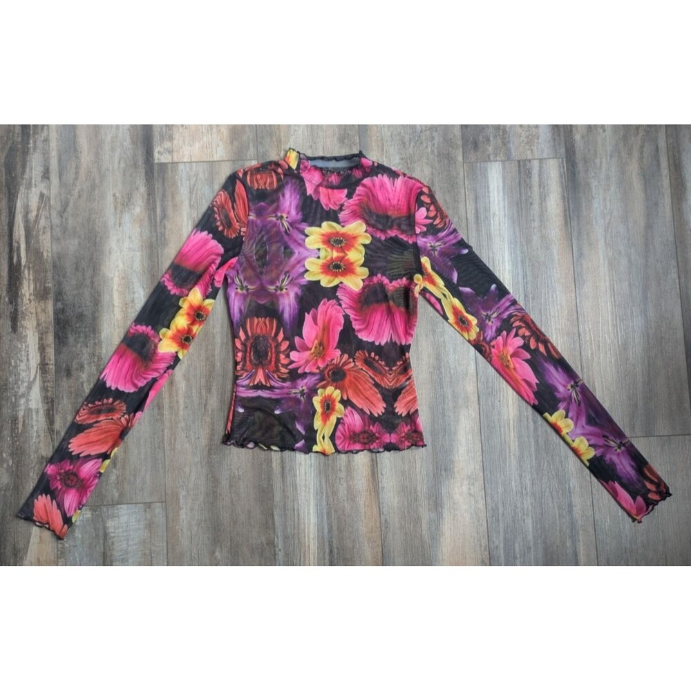 Transparent Blouse Women's XS Sheer Long Sleeve Y2K Pink Floral Top Mock Neck